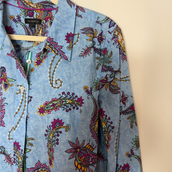 Talbots 100% Cotton Blue Paisley Print Button Front Blouse Size Medium - Picture 7 of 16